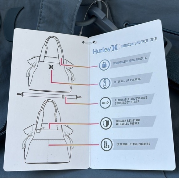 Hurley Horizon Shopper tote,zip top in/out pockets,removable crossbody strap - Picture 2 of 16